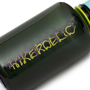 Green hikerdelic mushroom logo on a dark green water bottle