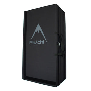 A black psychi bouldering crash pad dual layer triple fold