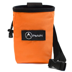 An Orange rock climbing chalk bag with black and white psychi logo