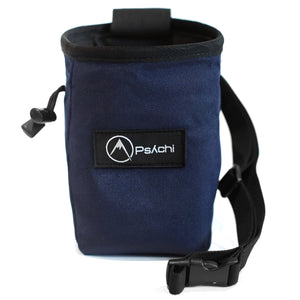 A Navy rock climbing chalk bag with black and white psychi logo