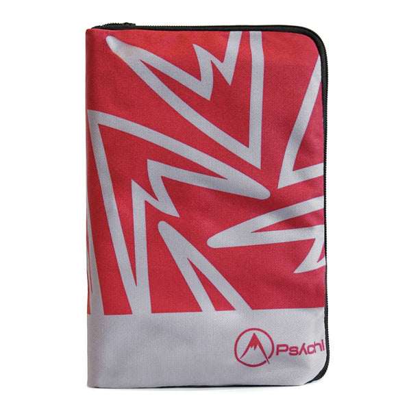 A red guidebook case with grey mountain logo pattern, zip closure and red Psychi climbing shop logo