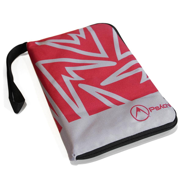 A red and grey rock climbing guidebook case with Psychi mountain logo design.