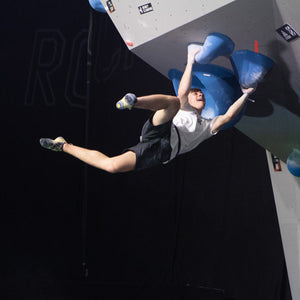 GB Team climbing athlete Joe Walmsley cutting loose on a boulder problem at rock fest 2019