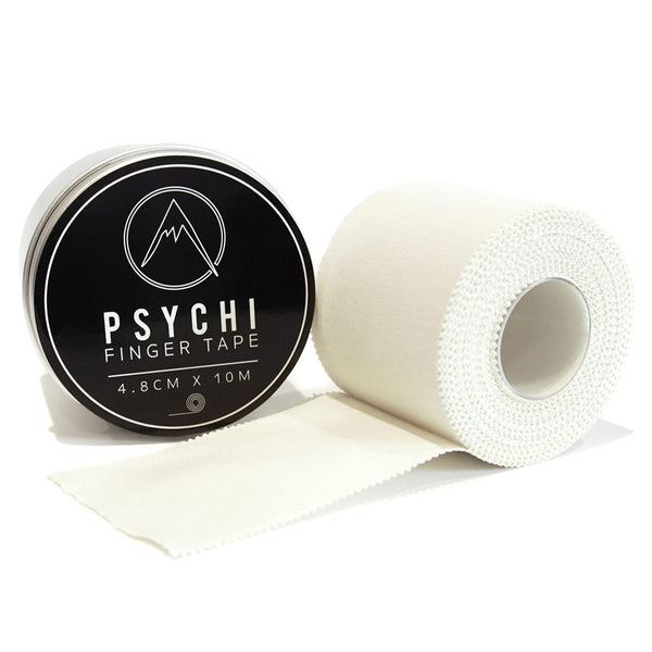 A roll of white cotton zinc oxide climbing tape next to a recyclable carry tin