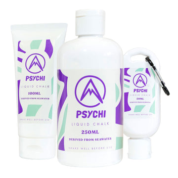 Psychi sustainable liquid chalk bottles on a white background