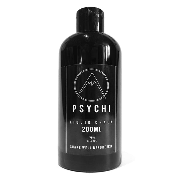 A black bottle with white psychi climbing shop logo containing 250ml liquid climbing chalk