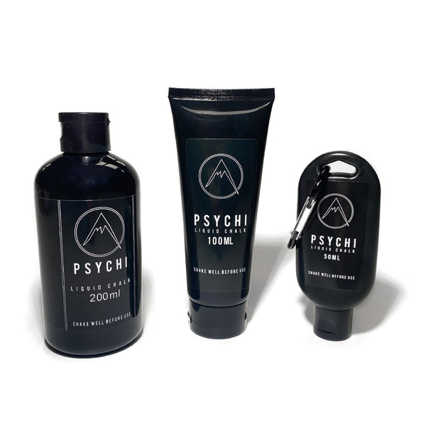 Three bottles of Psychi liquid climbing chalk in sizes 50ml 100ml and 250ml