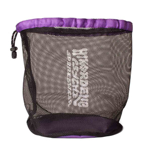 A black and purple net climbing shoe bag with white logo featuring the words 'psychi' and 'hikerdelic'.
