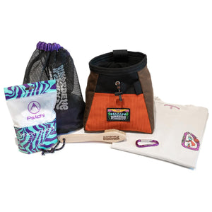 Psychi and hikerdelic orange and brown chalk bucket bundle, containing chalk bag and chalk, brush, t-shirt, carabiner and shoe bag.