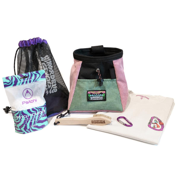 Pink and green Psychi and hikerdelic boulder bucket gear bundle, containing chalk bag and chalk, brush, t-shirt, carabiner and shoe bag.