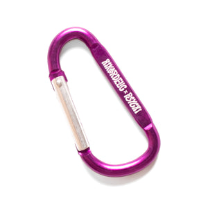 A purple carabiner with hikerdelic x psychi logo in white bubble text on the side