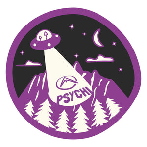 A ufo hovering above a purple mountain scene beaming the Psychi logo onto the mountain side.