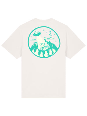 Flat lay bouldering wear UFO design t shirt in white.