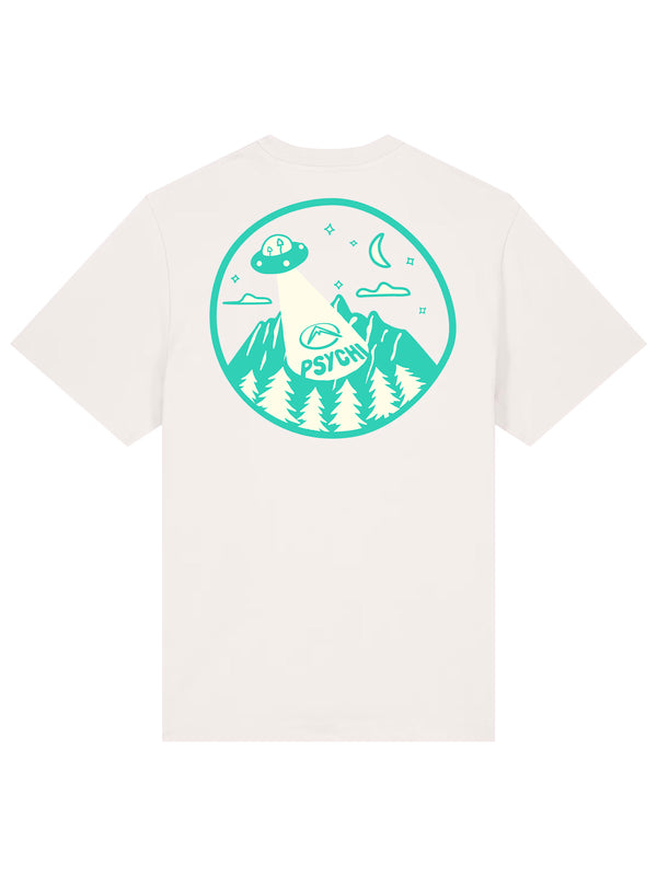 Flat lay bouldering wear UFO design t shirt in white.