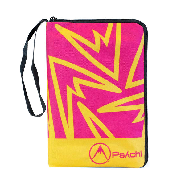 A rock climbing or walking guidbook zip closure cover with a pink and yellow mountain logo design