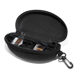 A sturdy black belay glasses case with zip closure and secure fastening clip