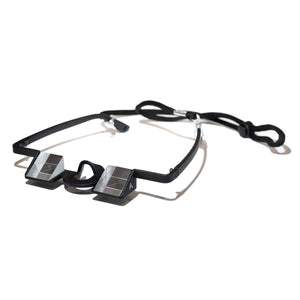 A black pair of rock climbing belay glasses with neck strap and grey psychi climbing shop logo
