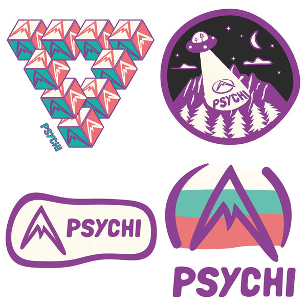 Four different Psychi stickers. A series of cubes in teal, red, cream and purple in a mobius triangle. A ufo hovering above a purple mountain scene. A purple psychi climbing shop logo and a psychi logo in front of a red green and cream sunset.