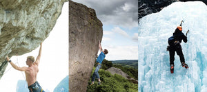Three different images depicting climbers trad climbing in china, sport climbing in the peak district and ice climbing in chamonix, france.