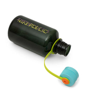 A dark green hikerdelic water bottle with light teal screwtop lid