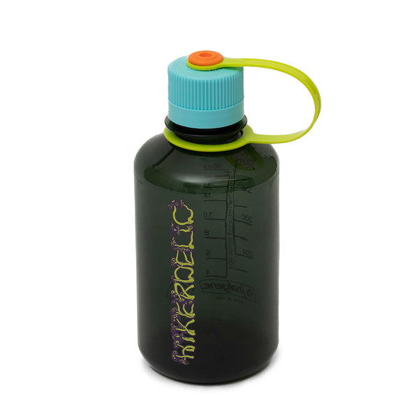 A dark green 500ml hikerdelic water bottle with teal screw top lid