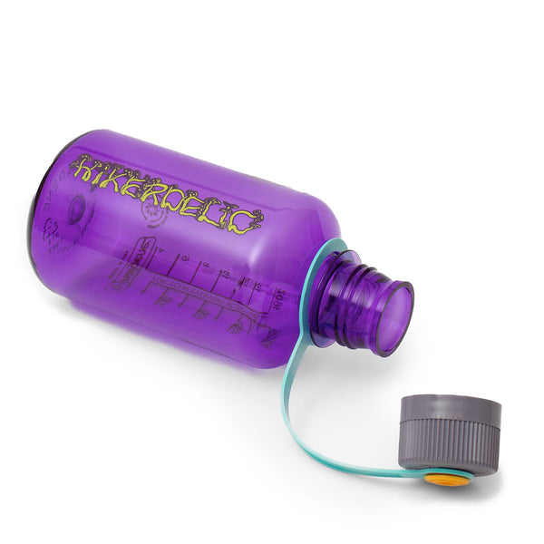 A purple mushroom logo on a dark purple water bottle with a grey screw top lid