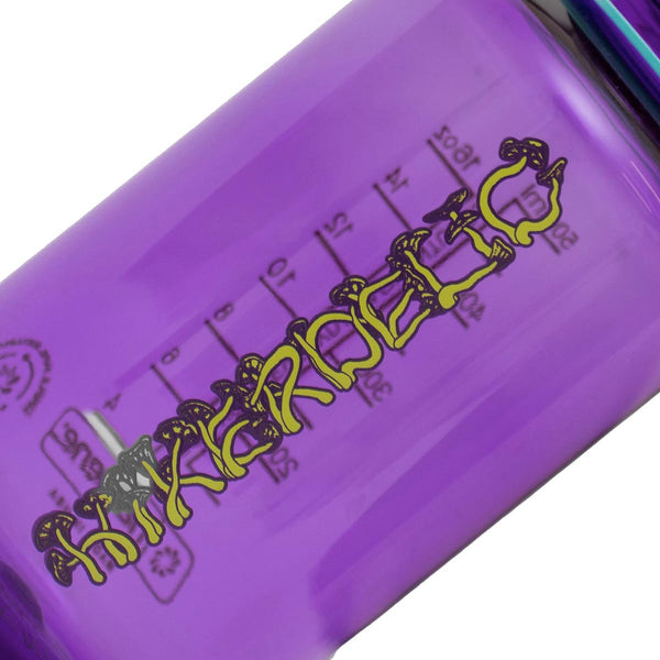 A pruple hikerdelic mushroom logo on a dark purple water bottle