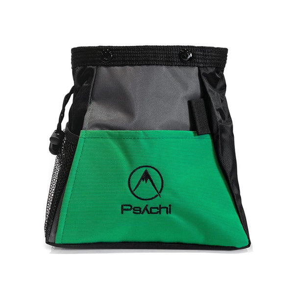 A green bouldering chalk bag, bucket for climbing chalk