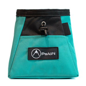 A turquoise and black bouldering chalk bucket with drawstring closure and climbing accessory pockets