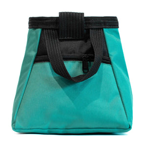 A turquoise and black bouldering chalk bucket with drawstring closure and climbing accessory pockets