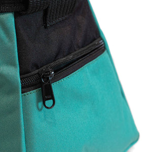 A turquoise and black bouldering chalk bucket with drawstring closure and zip closure climbing accessory pockets