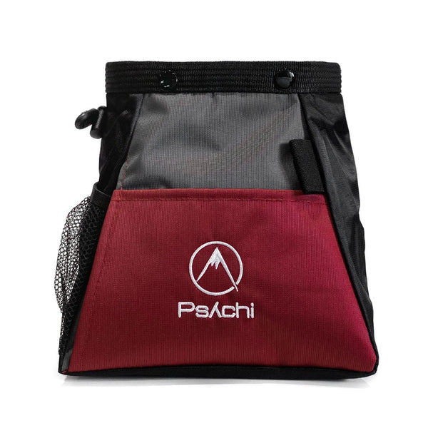 A dark red bouldering chalk bag, bucket for climbing chalk