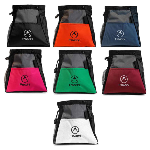 7 Bouldering chalk bags in Navy, Black, Orange, Green, Pink, White, Red