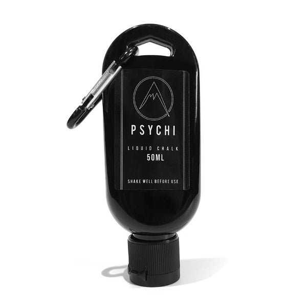 black 50ml bottle of liquid climbing chalk with a black carabiner