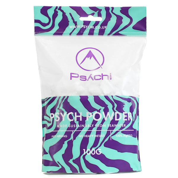 A purple and teal resealable bag containing 100 grams of sustainable climbing chalk
