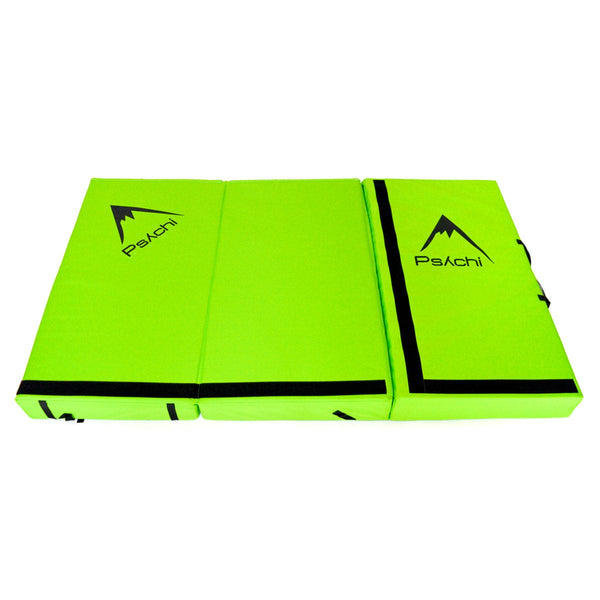 An unfolded green triple-fold bouldering crash pad measuring 180cm x 110cm x 12.5cm