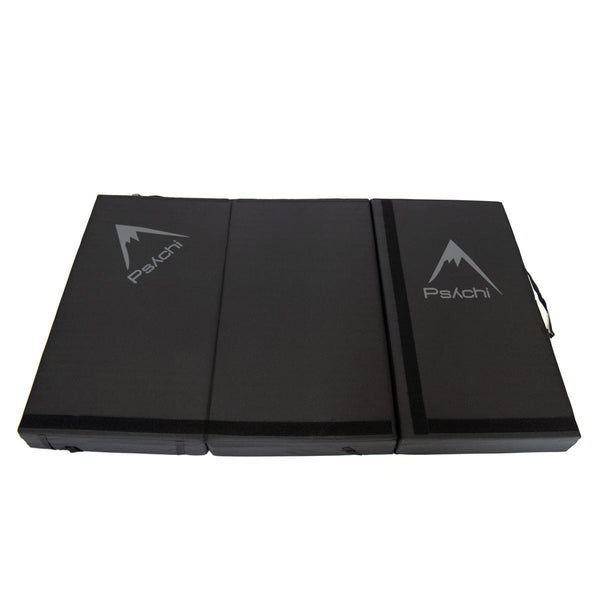 An unfolded black triple-fold bouldering crash pad measuring 180cm x 110cm x 12.5cm