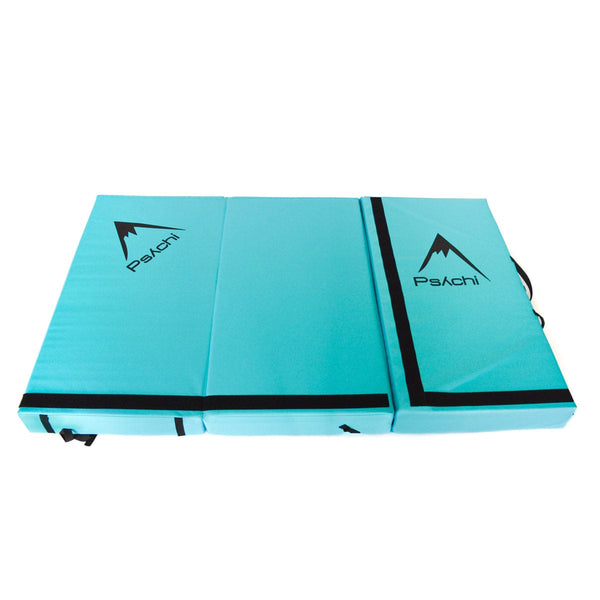 An unfolded electric blue triple-fold bouldering crash pad measuring 180cm x 110cm x 12.5cm