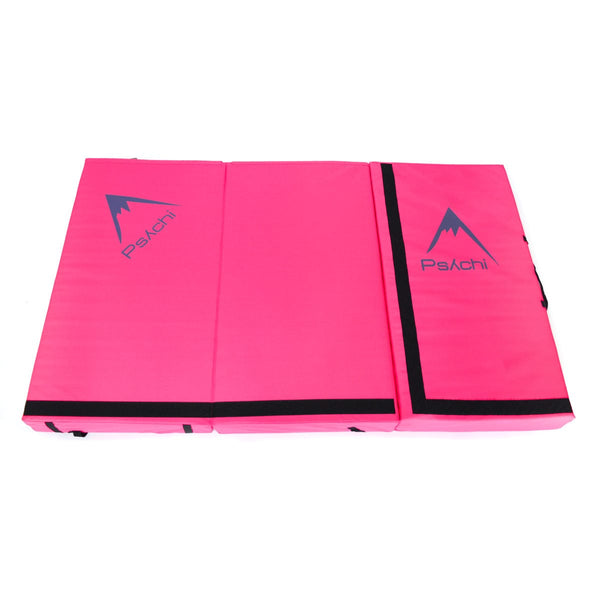 An unfolded bright pink triple-fold bouldering crash pad measuring 180cm x 110cm x 12.5cm