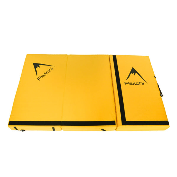 An unfolded yellow triple-fold bouldering crash pad measuring 180cm x 110cm x 12.5cm