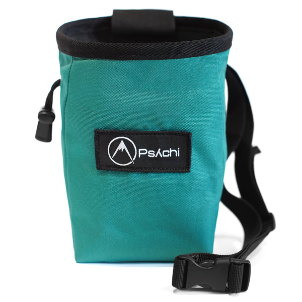 A Teal rock climbing chalk bag with black and white psychi logo