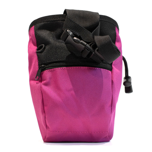 A magenta climbing chalk bag with a zip closure accessory pocket and strong nylon waist strap