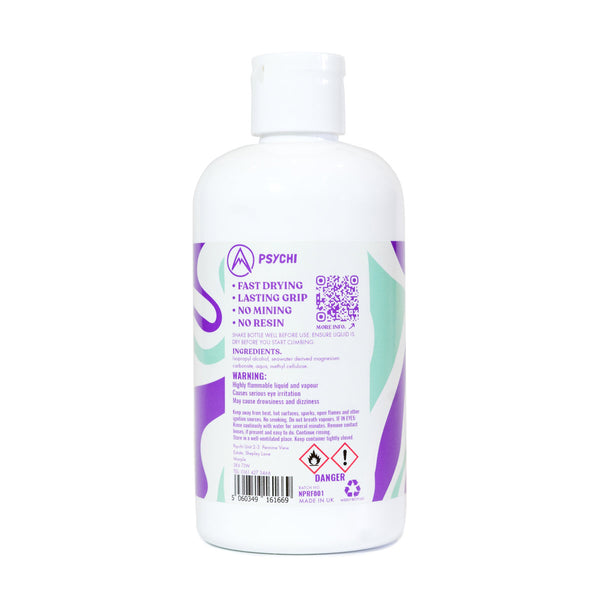 A white recyclable bottle containing 250ml sustainable liquid chalk for climbing