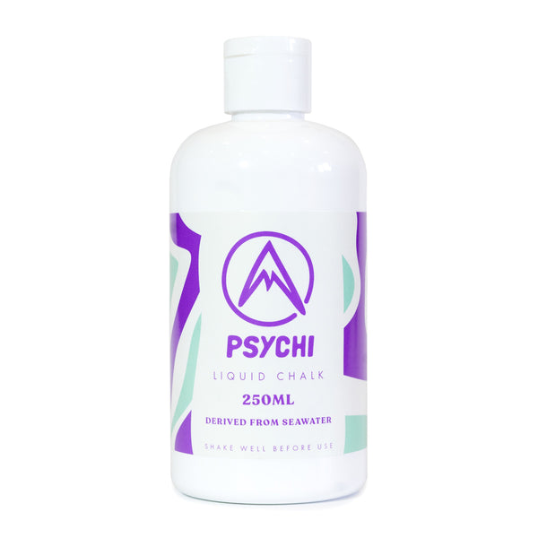 A recyclable white bottle containing 250ml eco-friendly liquid rock climbing chalk 