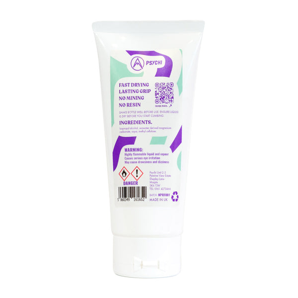 White bottle with green and purple label containing 100ml liquid climbing chalk