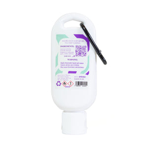 A white bottle with green and purple label containing 50ml sustainable liquid chalk for climbing and a carabiner which isn't intended for climber use