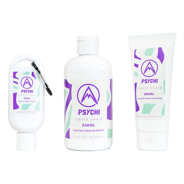 Three bottles of eco-friendly liquid chalk for climbers. 50ml bottle with carabiner which isn't intended for climbing.