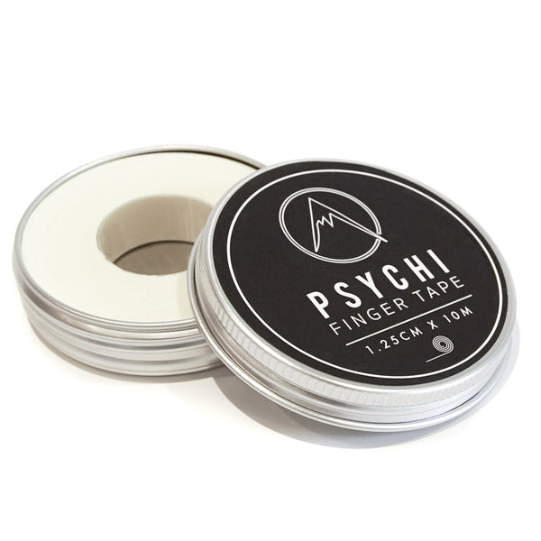 a roll of 1.25cm wide climbing finger tape inside a recyclable tin container