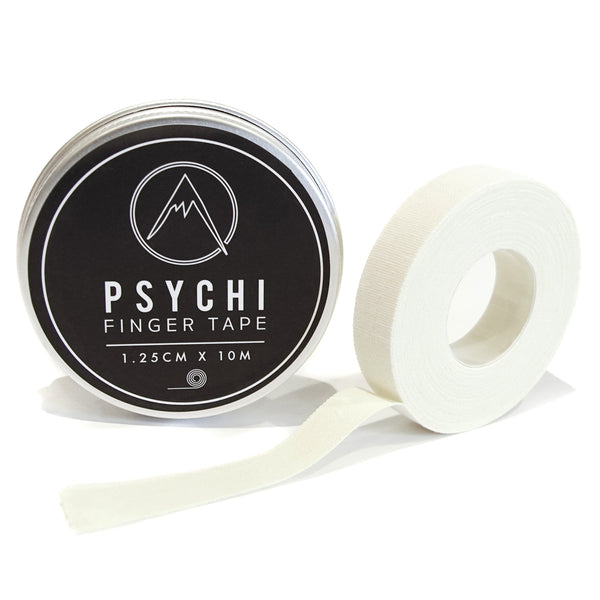 a length of 1.25cm wide white cotton finger tape next to a recyclable tin container