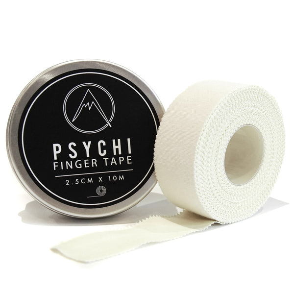 a length of 2.5cm wide white cotton finger tape next to a recyclable tin container